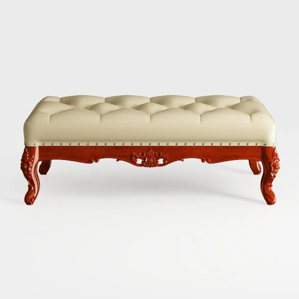 Beige French Vintage Ottoman Bench with Linen Upho