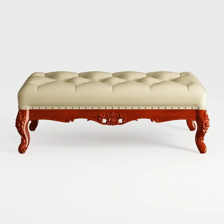 Beige French Vintage Ottoman Bench with Linen Upho