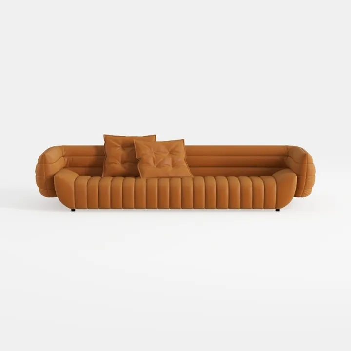 Minimalist Tan Leather Tufted Extra Large Sofa 3D Model