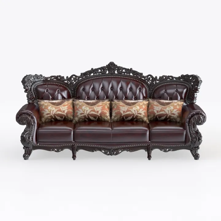 Vintage Carved Solid Wood Leather Sofa With Decorative Pillows 3D Model
