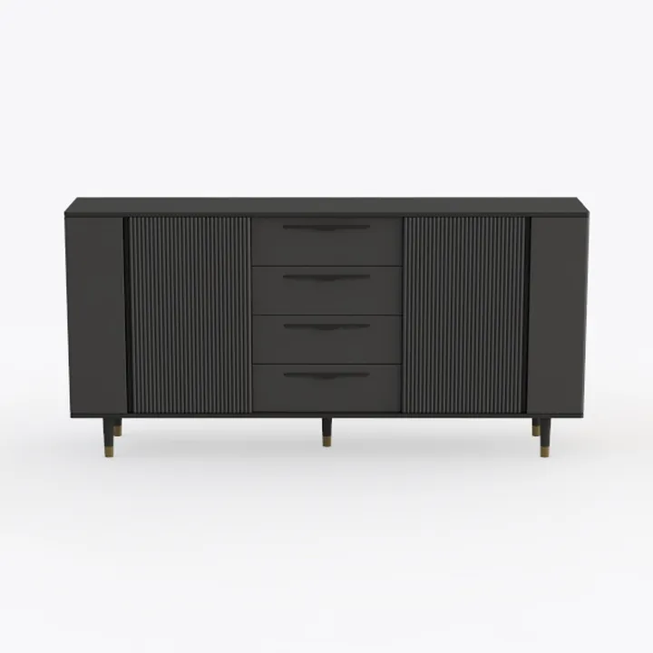 Modern Black Fluted Solid Wood Sideboard With Gold Accent Legs 3D Model