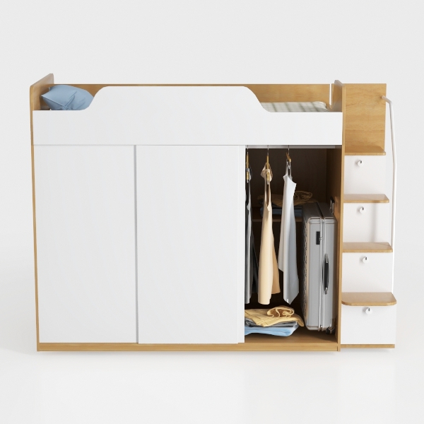 Wood Loft Bed Full Size with Build-in Wardrobes Ca