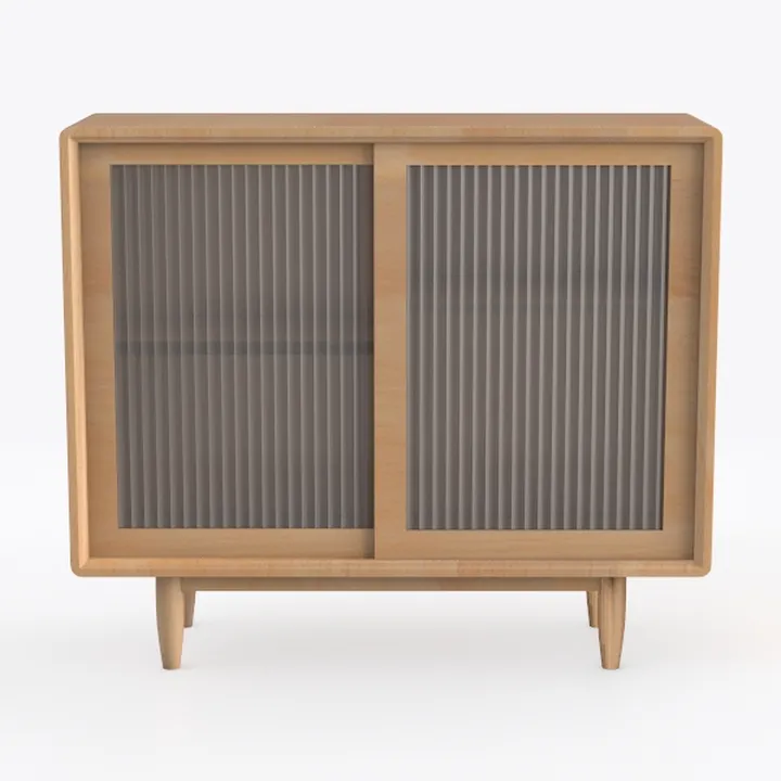 Minimalist Solid Wood Fluted Glass Sliding Door Cabinet 3D Model