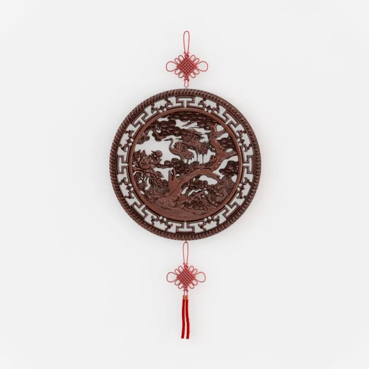 Vintage Solid Wood Chinese Carved Wall Hanging Decor 3D Model