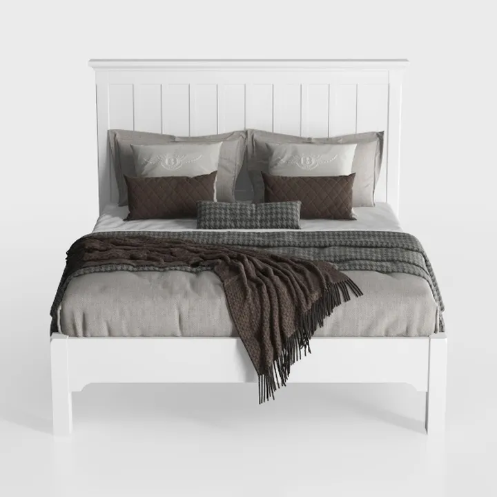 Minimalist White Solid Wood Platform Bed with Decorative Throw Pillows Blanket 3D Model