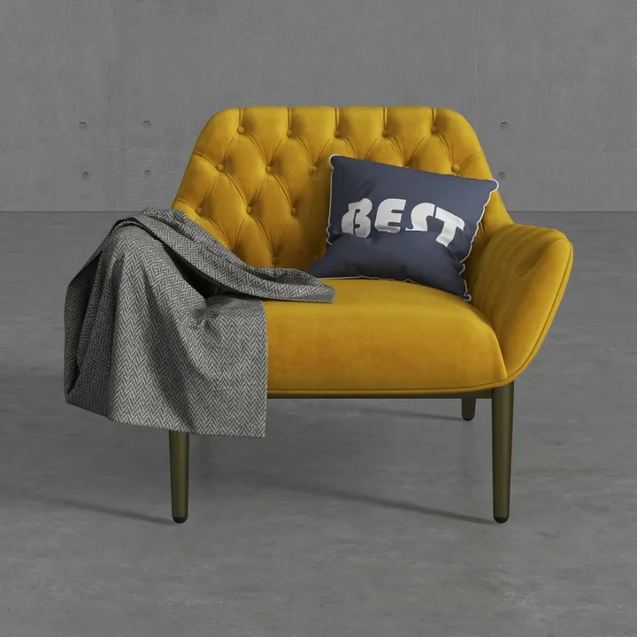Modern Mustard Velvet Tufted Armchair with Metal Legs 3D Model