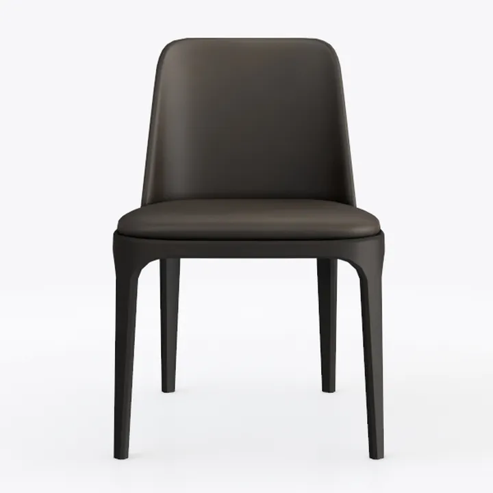 Minimalist Dark Brown Leather Solid Wood Dining Chair 3D Model