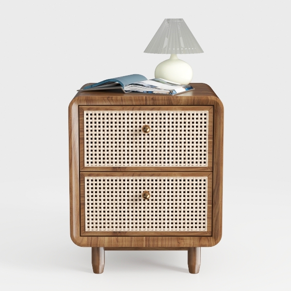 Mid-Century Wood Nightstand with Rattan Accented