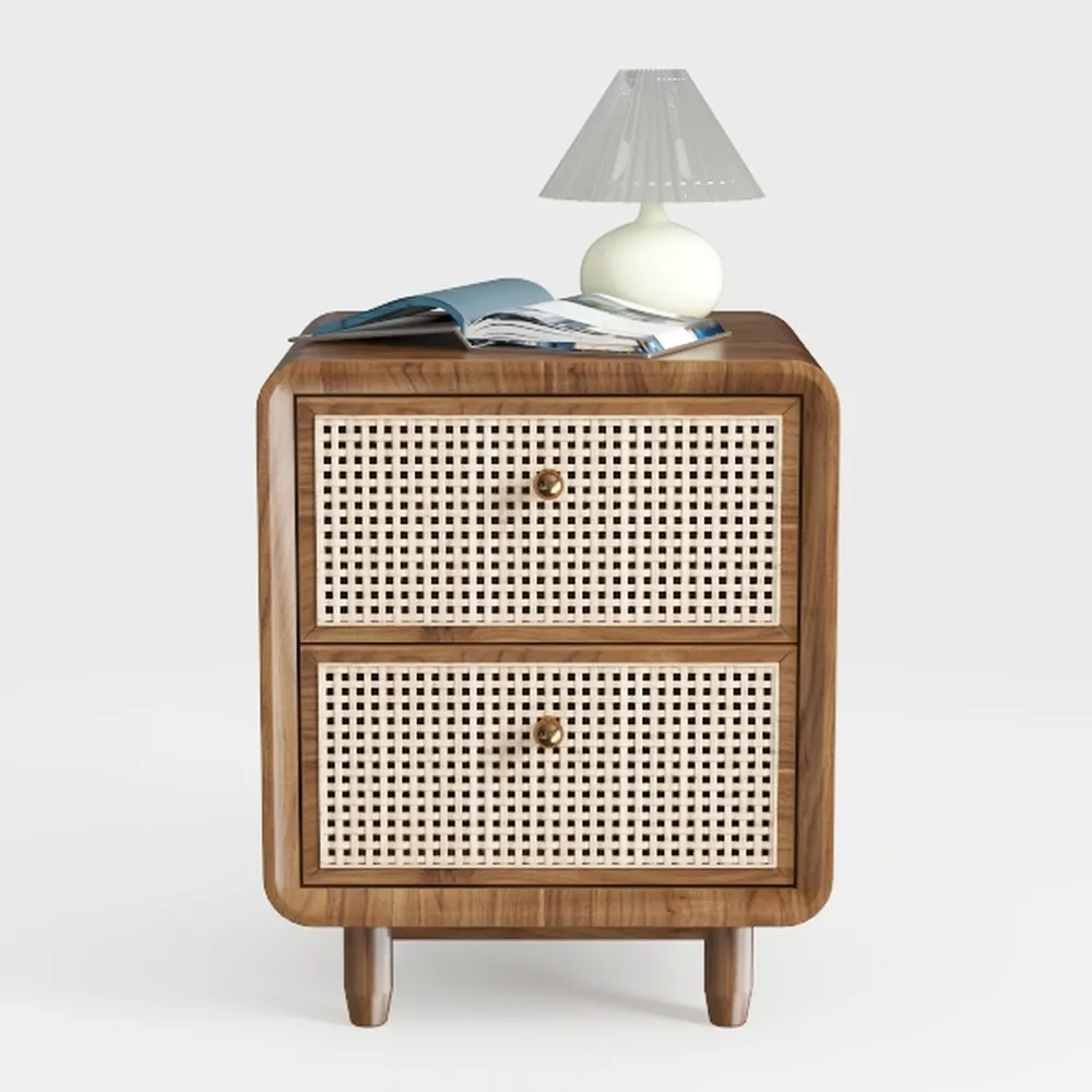 Mid-Century Wood Nightstand with Rattan Accented