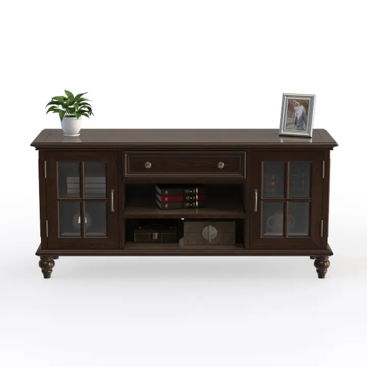 Traditional Solid Wood TV Cabinet With Glass Doors Drawers Storage 3D Model