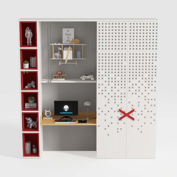 BAKAJI Scrivania con Doppia Libreria 7 Ripiani Tavolo da Lavoro Porta Pc Computer Struttura e Piano in Legno MDF Arredamento Casa Ufficio Cameretta Design Moderno 120 x 60 x 148 cm (Red)