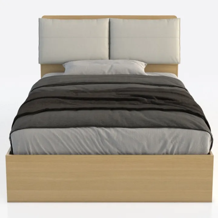 Modern Solid Oak Upholstered Platform Bed With Soft Fabric Headboard 3D Model