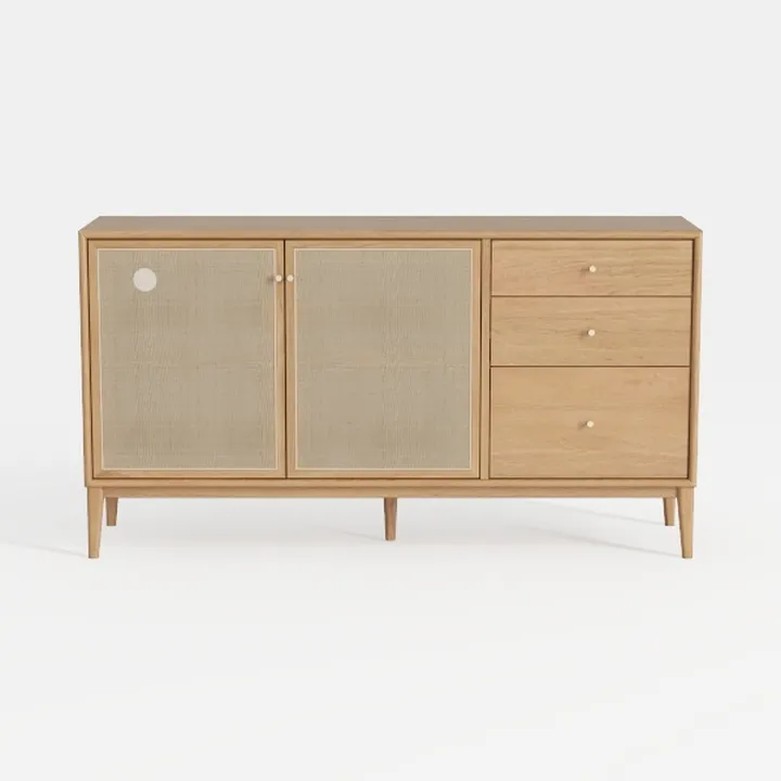 Minimalist Japandi Oak Rattan Sideboard Cabinet with Storage Drawers 3D Model