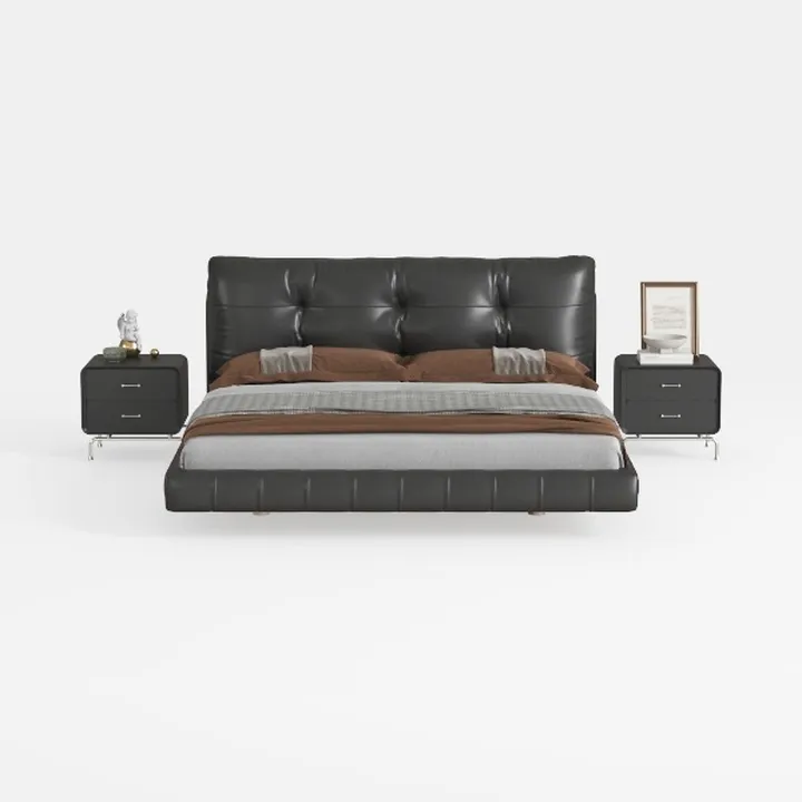 Modern Black Leather Tufted Platform Bed with Matching Nightstands 3D Model