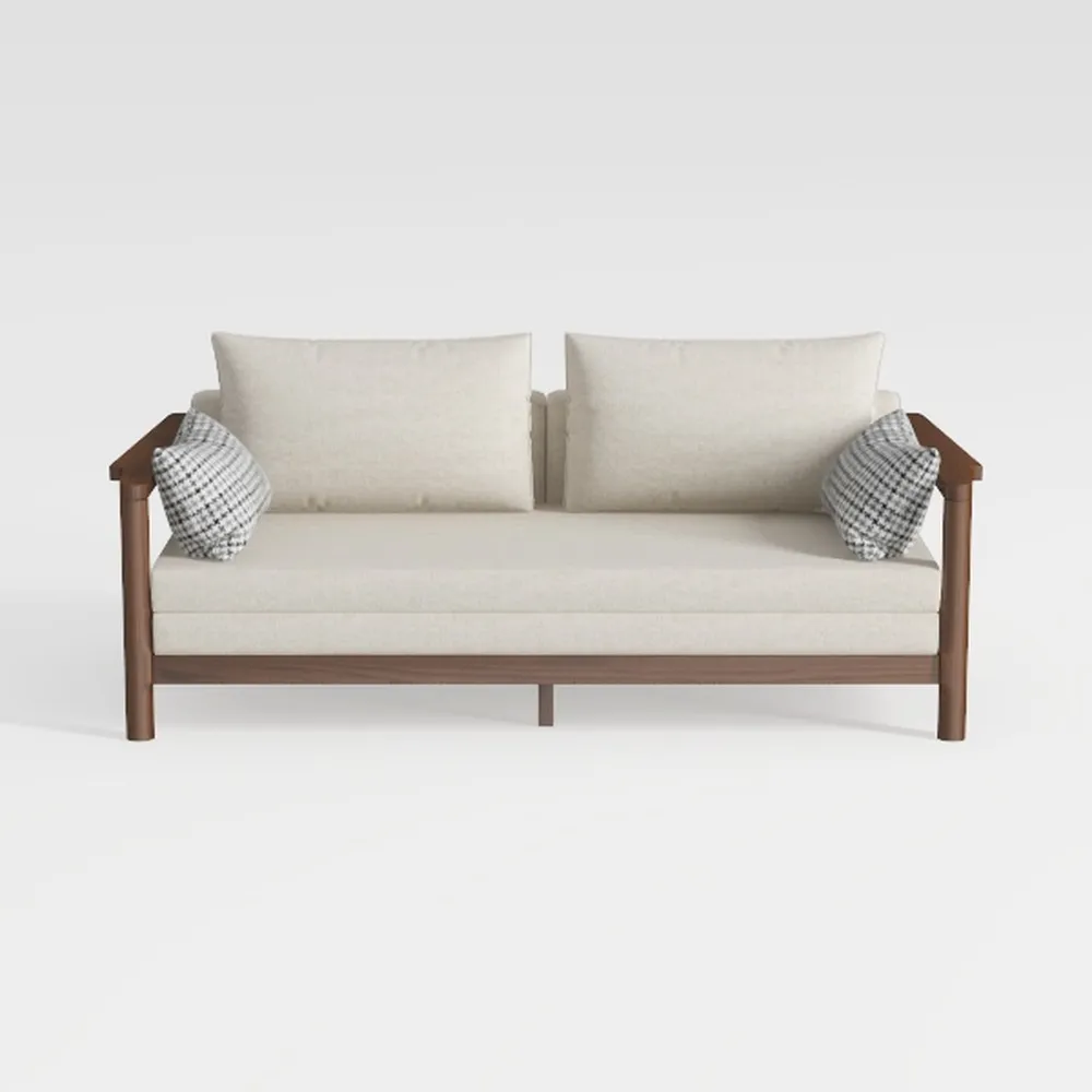Small Loveseat Sofa with Rattan Arms Linen Mini Co