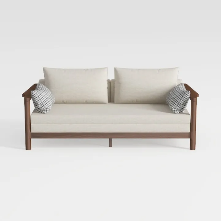Small Loveseat Sofa with Rattan Arms Linen Mini Co