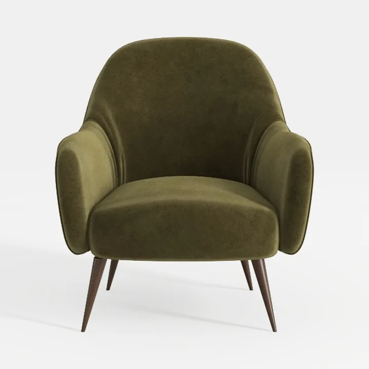 Modern Olive Velvet Fabric Armchair with Dark Wood Legs 3D Model