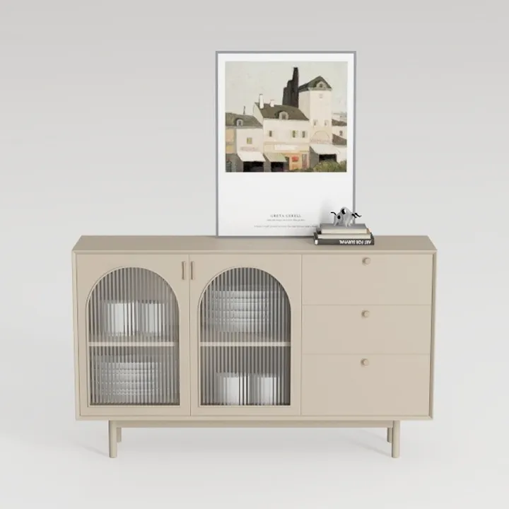 Minimalist Solid Wood Fluted Glass Sideboard Cabinet 3D Model
