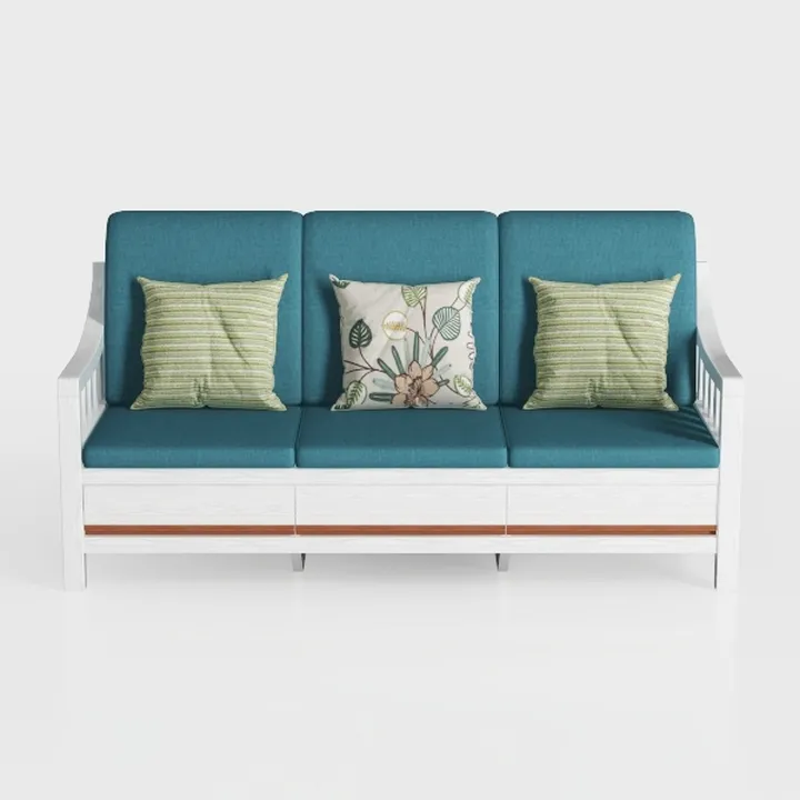 Modern White Solid Wood Teal Fabric Three Seat Sofa With Decorative Throw Pillows 3D Model