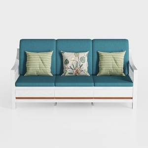 Modern White Solid Wood Teal Fabric Three Seat Sofa With Decorative Throw Pillows 3D Model