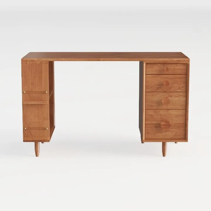Mid-Century Solid Wood Home Office Desk With Storage Drawers 3D Model