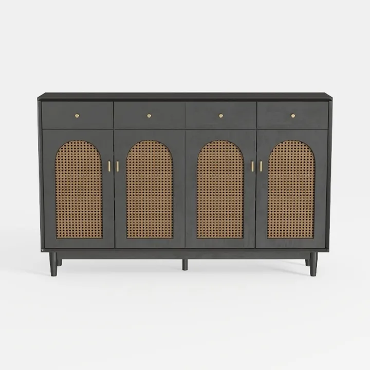 Modern Black Solid Wood Rattan 4 Door Sideboard Cabinet 3D Model