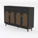 Modern Black Solid Wood Rattan 4 Door Sideboard Cabinet 3D Model Left 45 Degree View