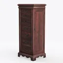 Vintage Solid Walnut Tall Dresser Cabinet with Decorative Metal Hardware 3D Model Left 45 Degree View