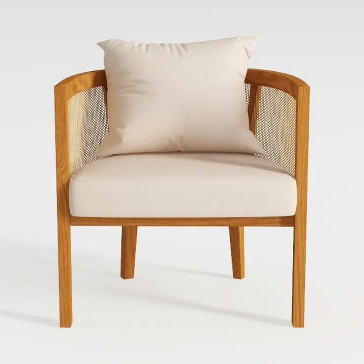 Modern Japandi Solid Wood Cane Fabric Armchair 3D Model