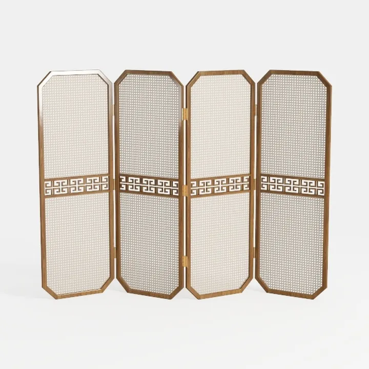 Traditional Solid Wood Rattan Room Divider Screen 3D Model