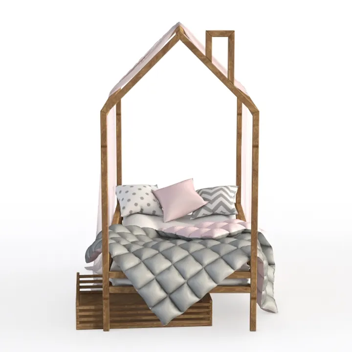 MERITLINE Full Size Floor House Bed, Wooden Montes