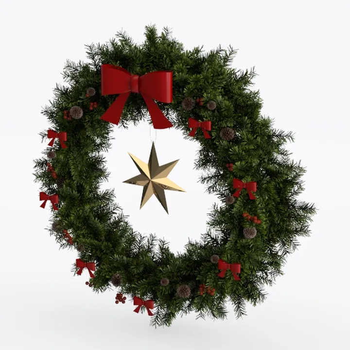 Festive Christmas Wreath with Pine Cones Bows and Gold Star 3D Model