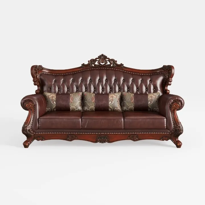 Vintage Carved Solid Wood Leather Tufted Sofa 3D Model