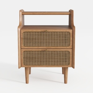 Mid Century Solid Wood Rattan Nightstand With Double Drawers 3D Model
