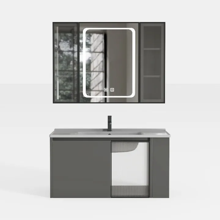 Modern Dark Gray Bathroom Vanity With LED Mirror Cabinet 3D Model