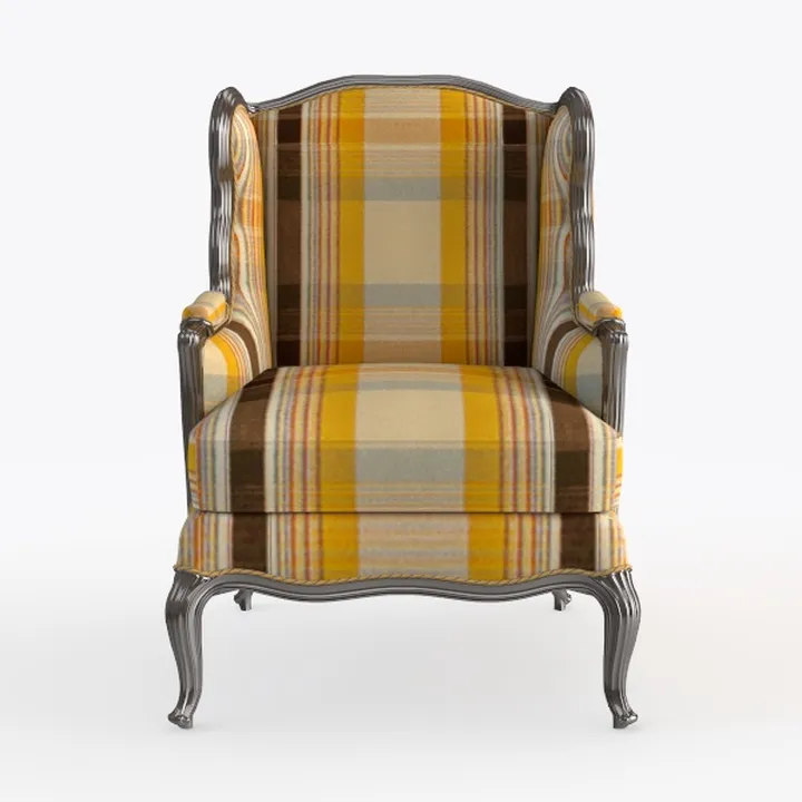Vintage Plaid Fabric Metal Wingback Armchair 3D Model