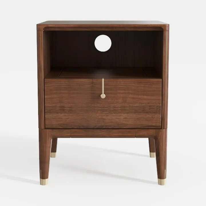 Mid-Century Walnut Solid Wood Nightstand with Brass Accents 3D Model