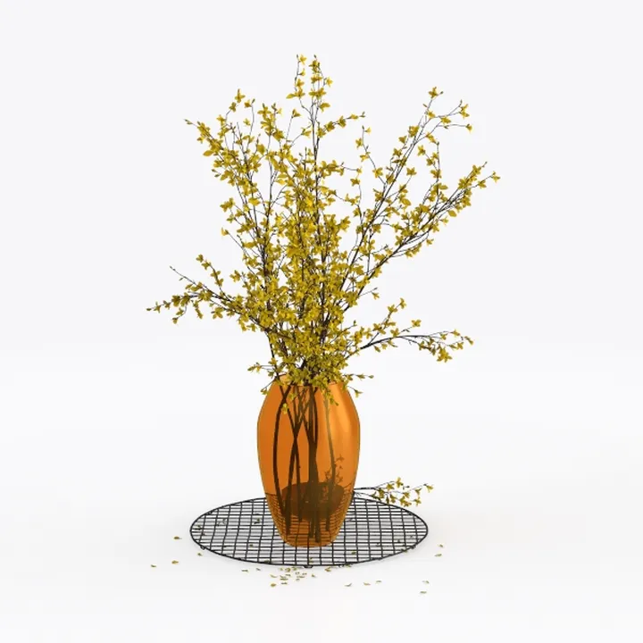 Minimalist Amber Glass Vase with Yellow Floral Arrangement 3D Model