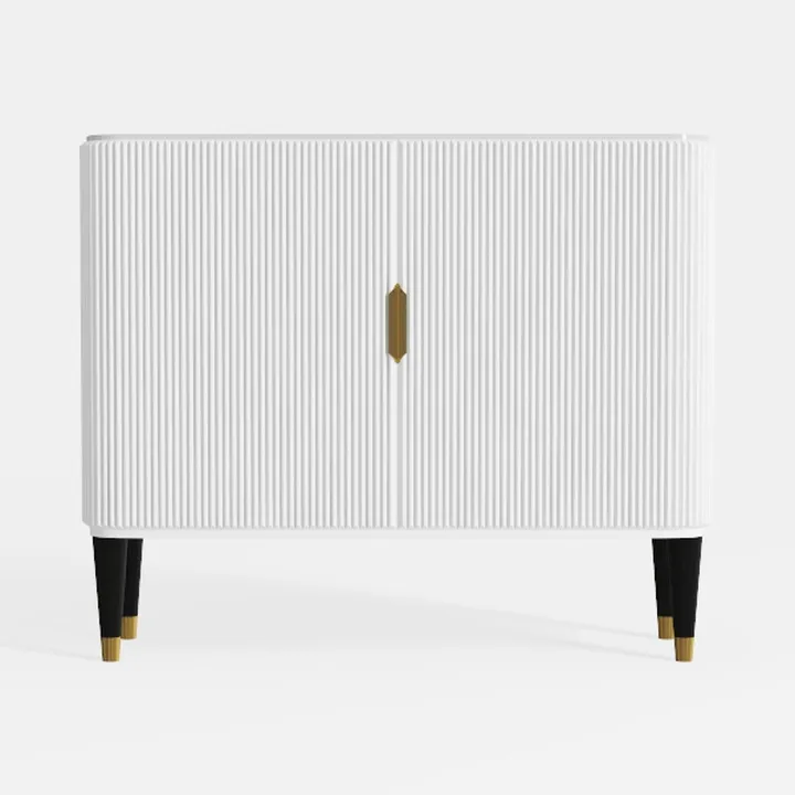Fluted White Storage Cabinet with Doors, Wood