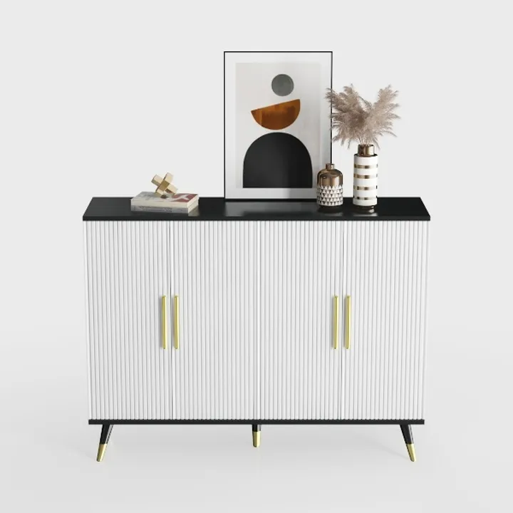 Modern Minimalist Fluted Wood Sideboard Cabinet with Gold Hardware 3D Model