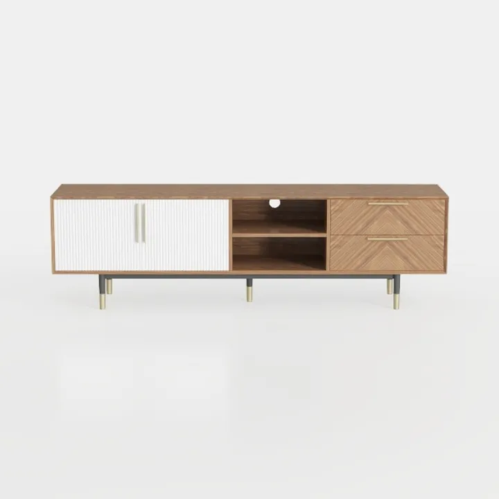 Modern Mid-Century Solid Wood Fluted TV Stand with Gold Accents 3D Model