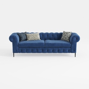 Modern Blue Velvet Tufted Chesterfield Sofa With Decorative Throw Pillows 3D Model
