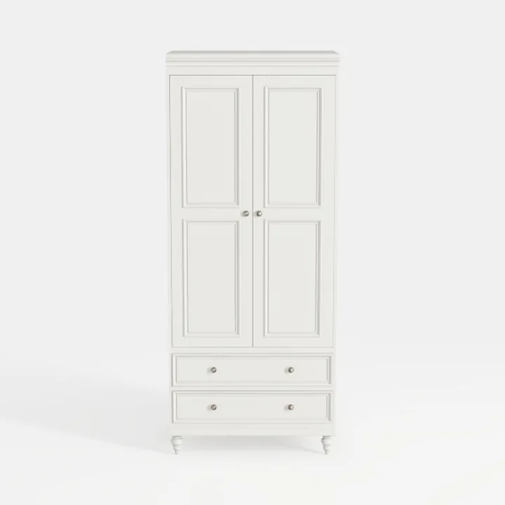 Minimalist White Solid Wood Double Door Wardrobe with Drawers 3D Model