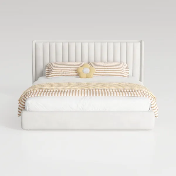 Minimalist Velvet Channel Tufted Upholstered King Bed 3D Model Front View