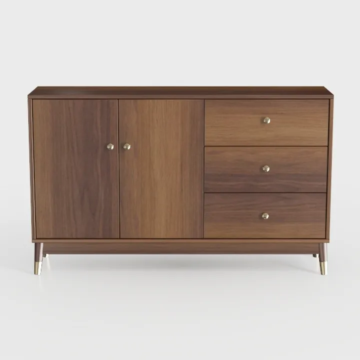 Mid-Century Walnut Wood Sideboard with Gold Accent Hardware 3D Model
