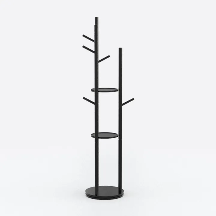 Minimalist Black Metal Freestanding Coat Rack With Shelves 3D Model