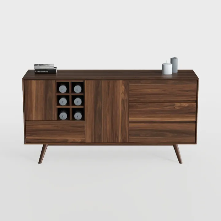 Mid-Century Walnut Wood Sideboard with Wine Storage Drawers 3D Model