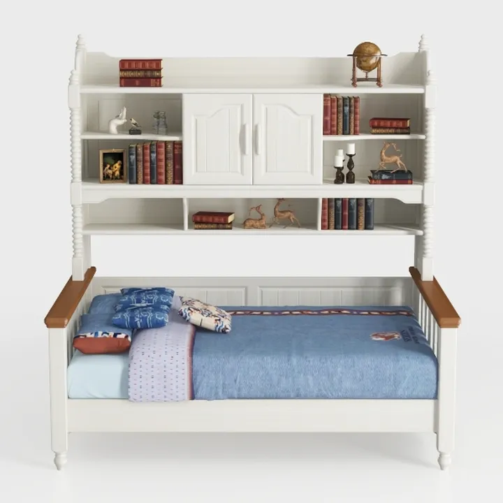 Modern White Solid Wood Kids Bed with Built in Bookshelf Cabinet 3D Model