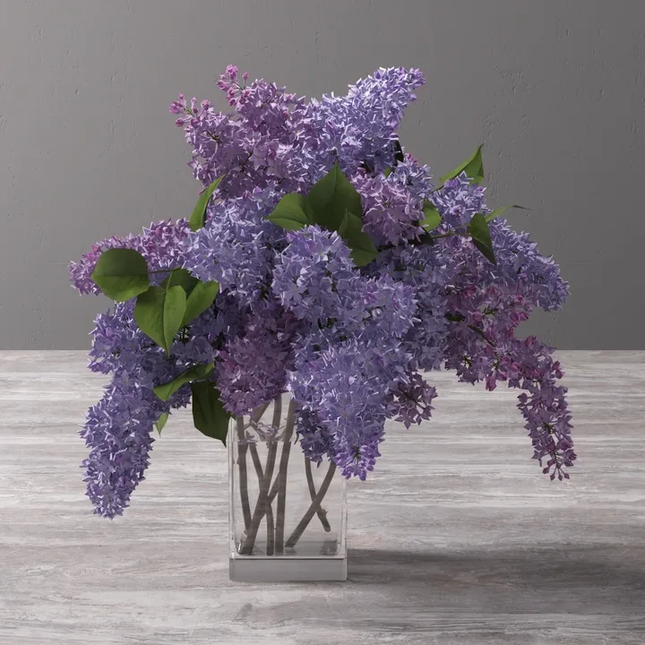 Glass Vase with Purple Lilac Floral Arrangement 3D Model
