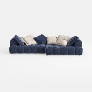 Navy Blue Velvet Tufted Modern Sectional Sofa 3D Model